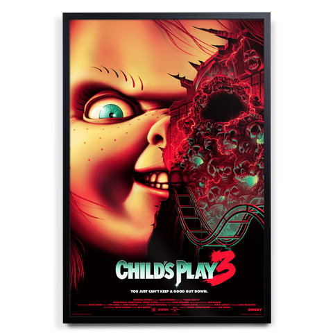 A framed childs play 3 movie poster with menacing chucky, glowing green eyes, red hair, on acrylic glass panel