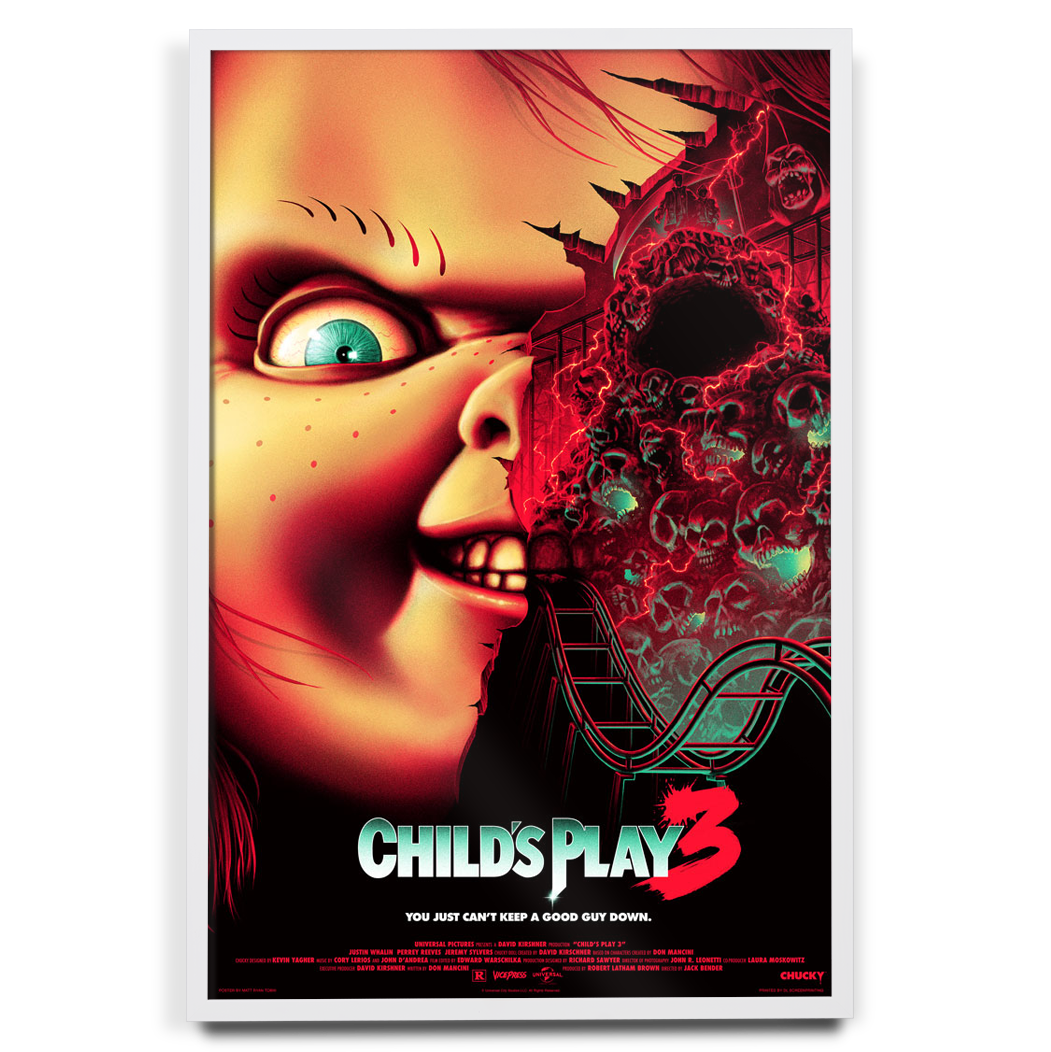 Vividly illustrated childs play 3 movie poster with menacing chucky on acrylic glass featuring skulls and eerie machinery