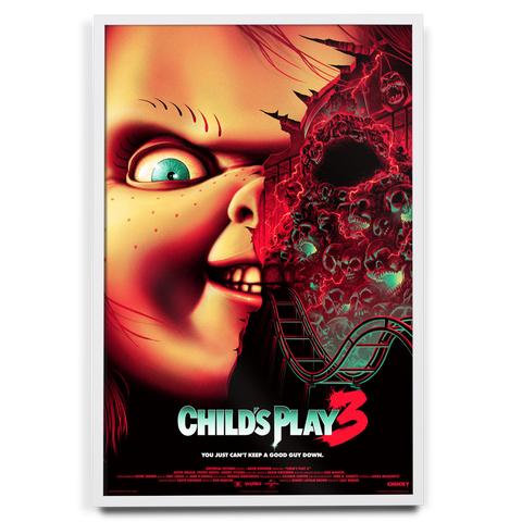 Vividly illustrated childs play 3 movie poster with menacing chucky on acrylic glass featuring skulls and eerie machinery