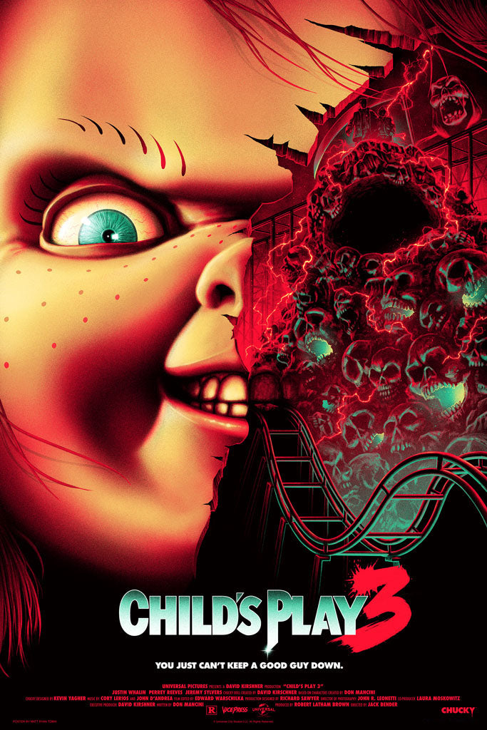 Red and orange toned chucky doll with green eyes and wide grin on childs play 3 movie poster printed on acrylic glass