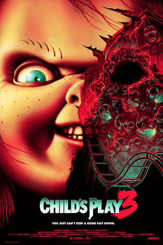 Red and orange toned chucky doll with green eyes and wide grin on childs play 3 movie poster printed on acrylic glass