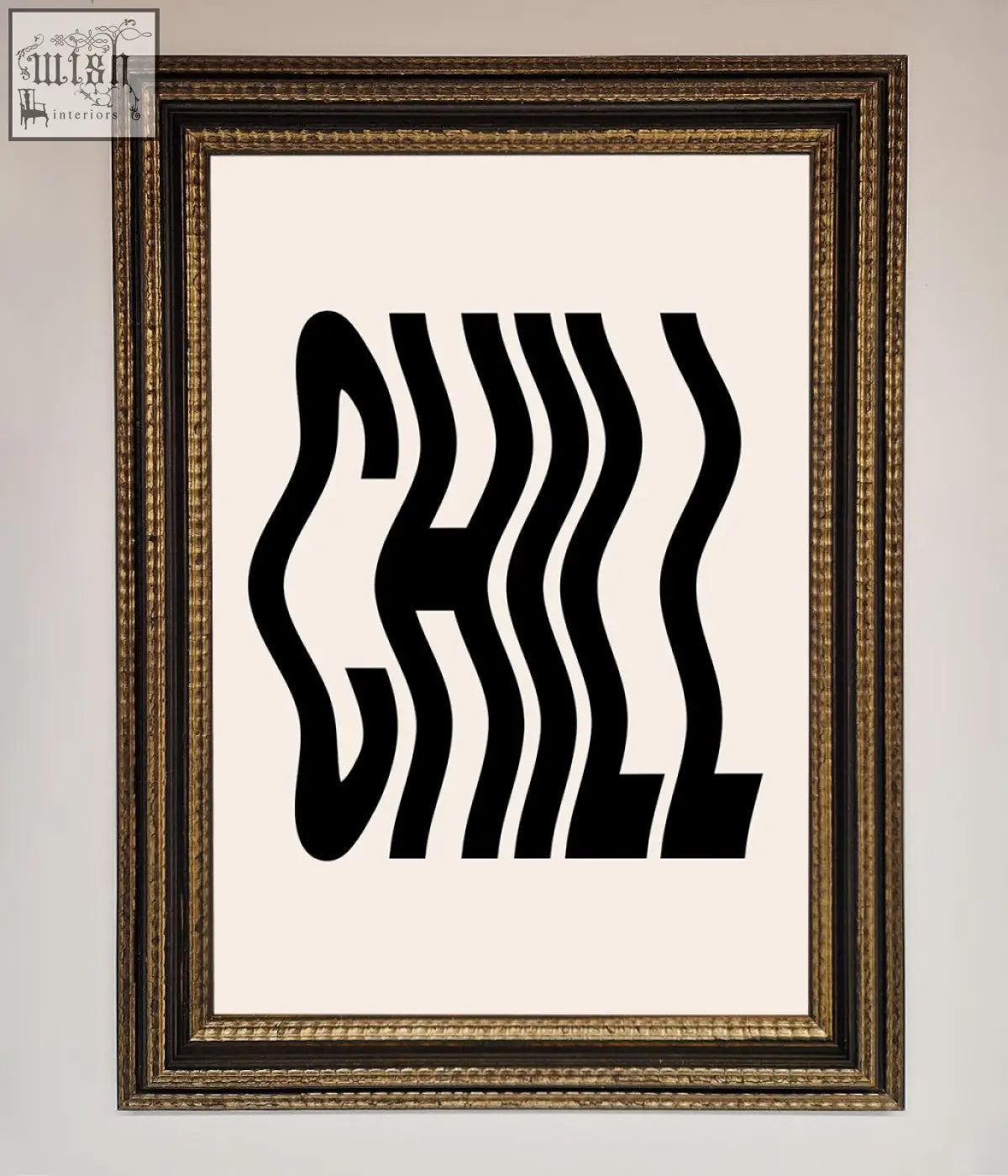 Black chill art print displayed in a chill beige framed poster with a gold toned ornate frame