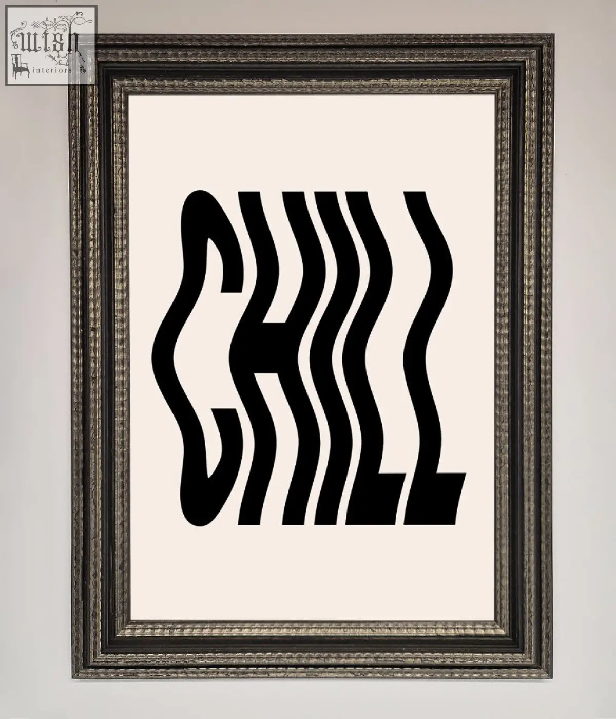 Black chill art print in a textured silver frame in a chill beige framed poster perfect for stylish wall decor
