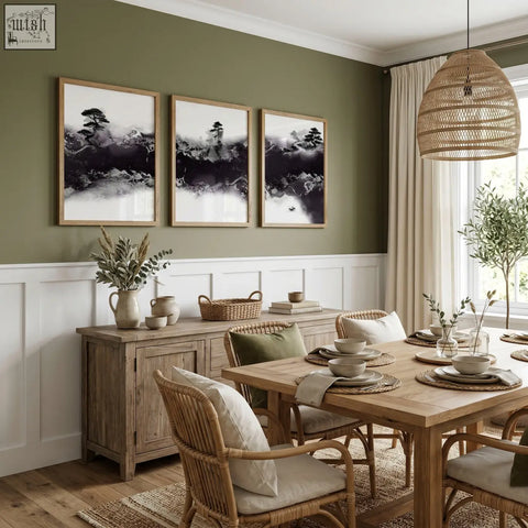 Woven rattan pendant light fixture in dining room with chinese artwork three prints of ink landscape bonsai and misty mountains