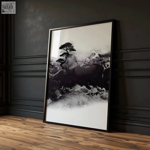 Black-framed minimalist chinese artwork ink landscape print of a pine tree and misty mountains for dining room set of three prints