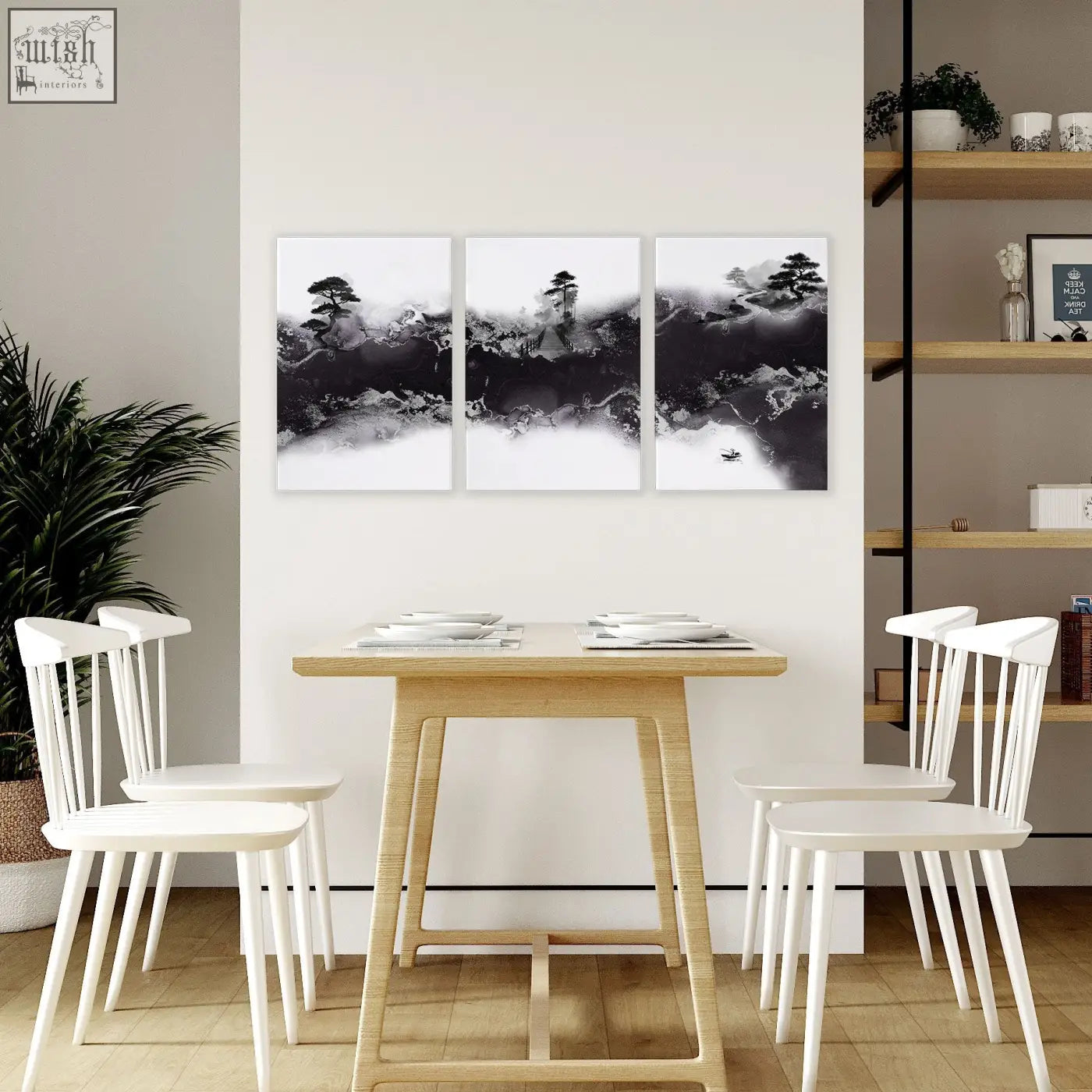 Three-panel black-and-white chinese artwork prints featuring misty mountains and pine trees perfect for dining room decor