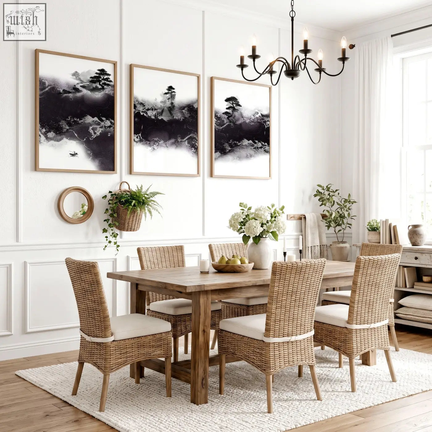 Woven wicker dining chairs with cream cushioned seats beside chinese artwork three prints for dining room wall decor