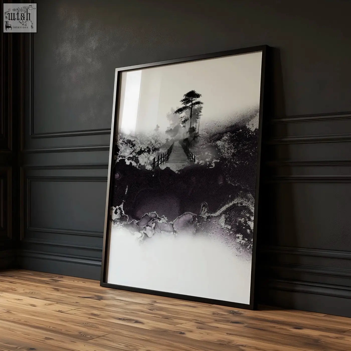 Black-framed minimalist chinese artwork three prints featuring misty forest path and pine tree for dining room wall decor
