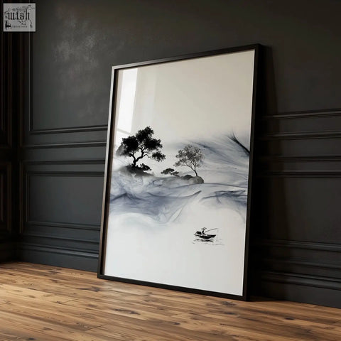 Black-framed minimalist ink wash landscape print showing a solitary boat on misty water with silhouetted trees