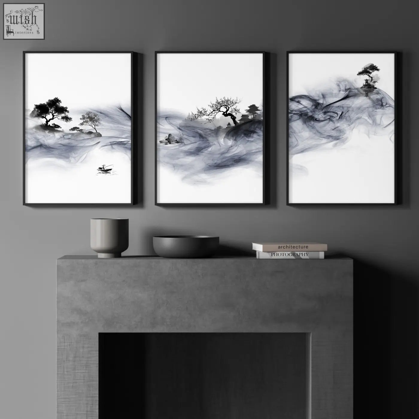 Three minimalist black-framed ink wash landscape art prints featuring fisherman and pagoda in a set of 3