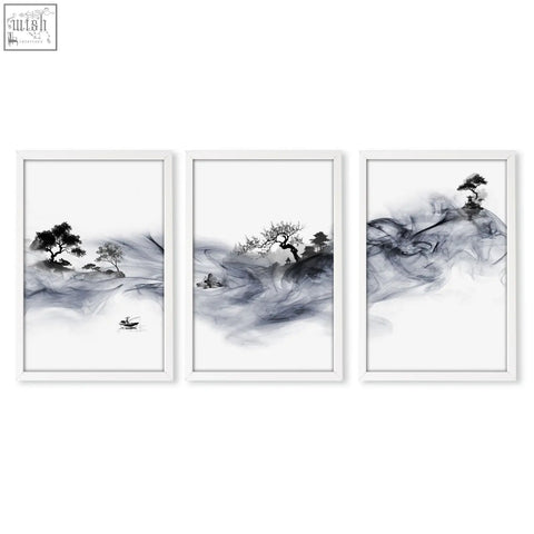 Set of three minimalist black and white ink wash landscape art prints with fisherman and pagoda in white frames