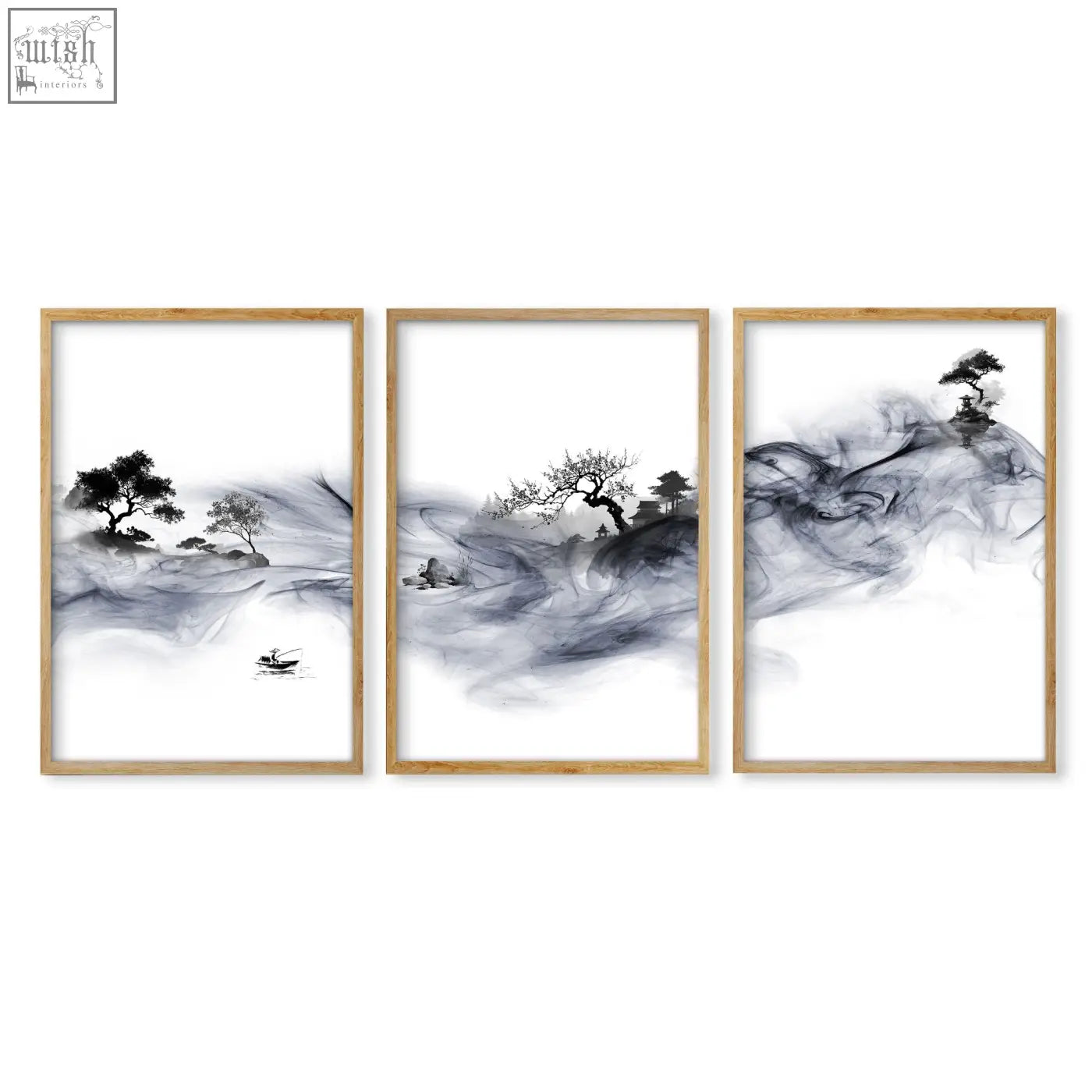Set of three black and white ink wash landscape prints featuring fisherman and pagoda in light wood frames