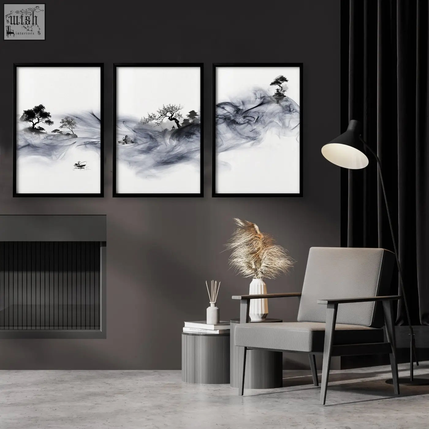 Three framed black-and-white ink wash landscape prints featuring fisherman and pagoda on dark gray wall