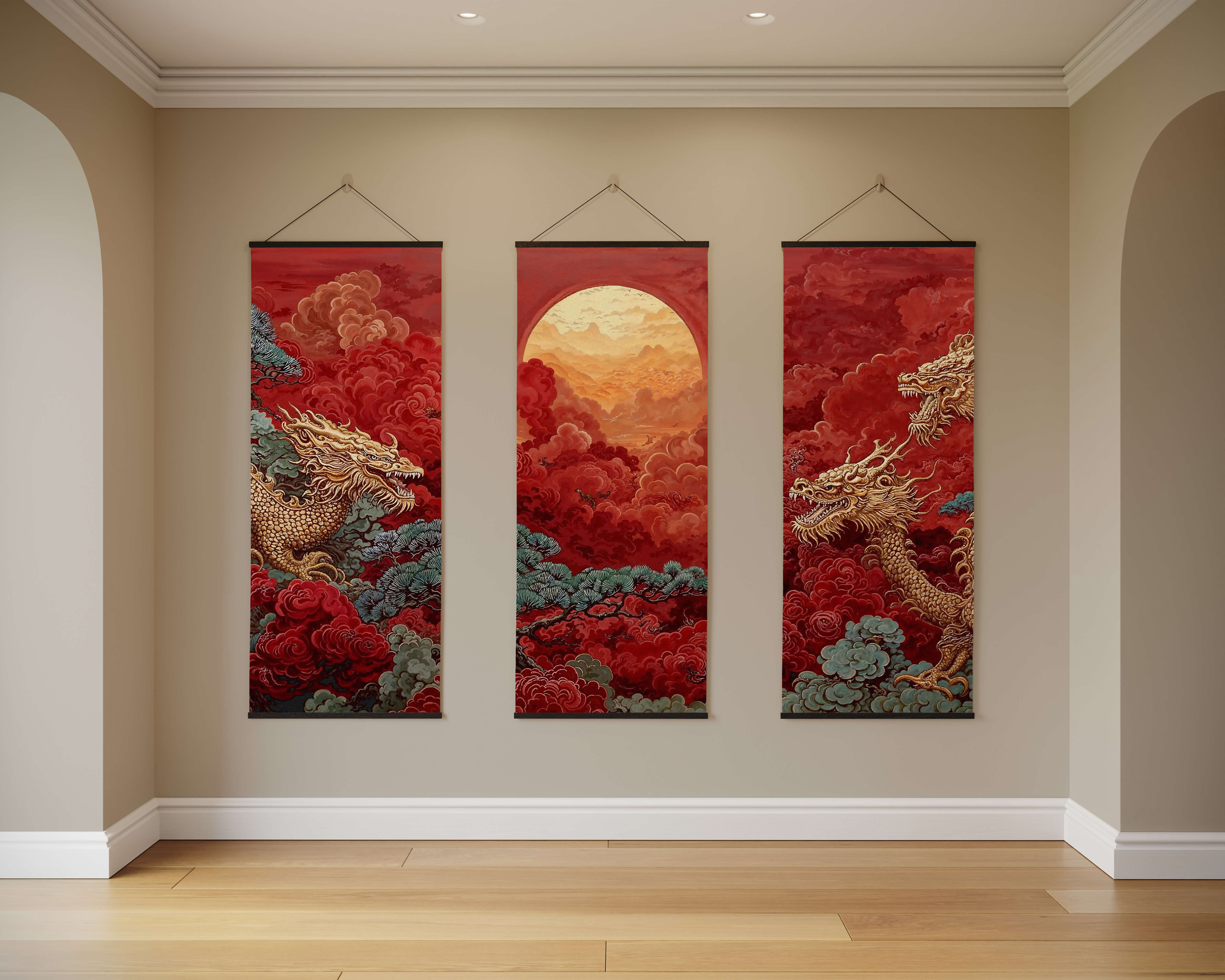 Three vertical chinese dragon tapestries in gold with red clouds and an orange sun displayed in an elegant hallway