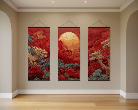 Three vertical chinese dragon tapestries in gold with red clouds and an orange sun displayed in an elegant hallway