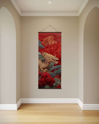 A vibrant red and gold chinese dragon tapestry with intricate detailing hanging on a beige wall with swirling clouds
