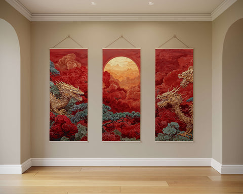 Three vertical embroidered chinese dragon tapestries with golden dragons red clouds and teal foliage framed by sunset arch