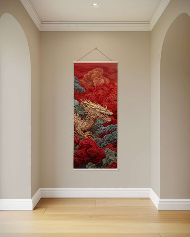 A vibrant red and gold embroidered chinese dragon tapestry hanging on a beige wall for home decor
