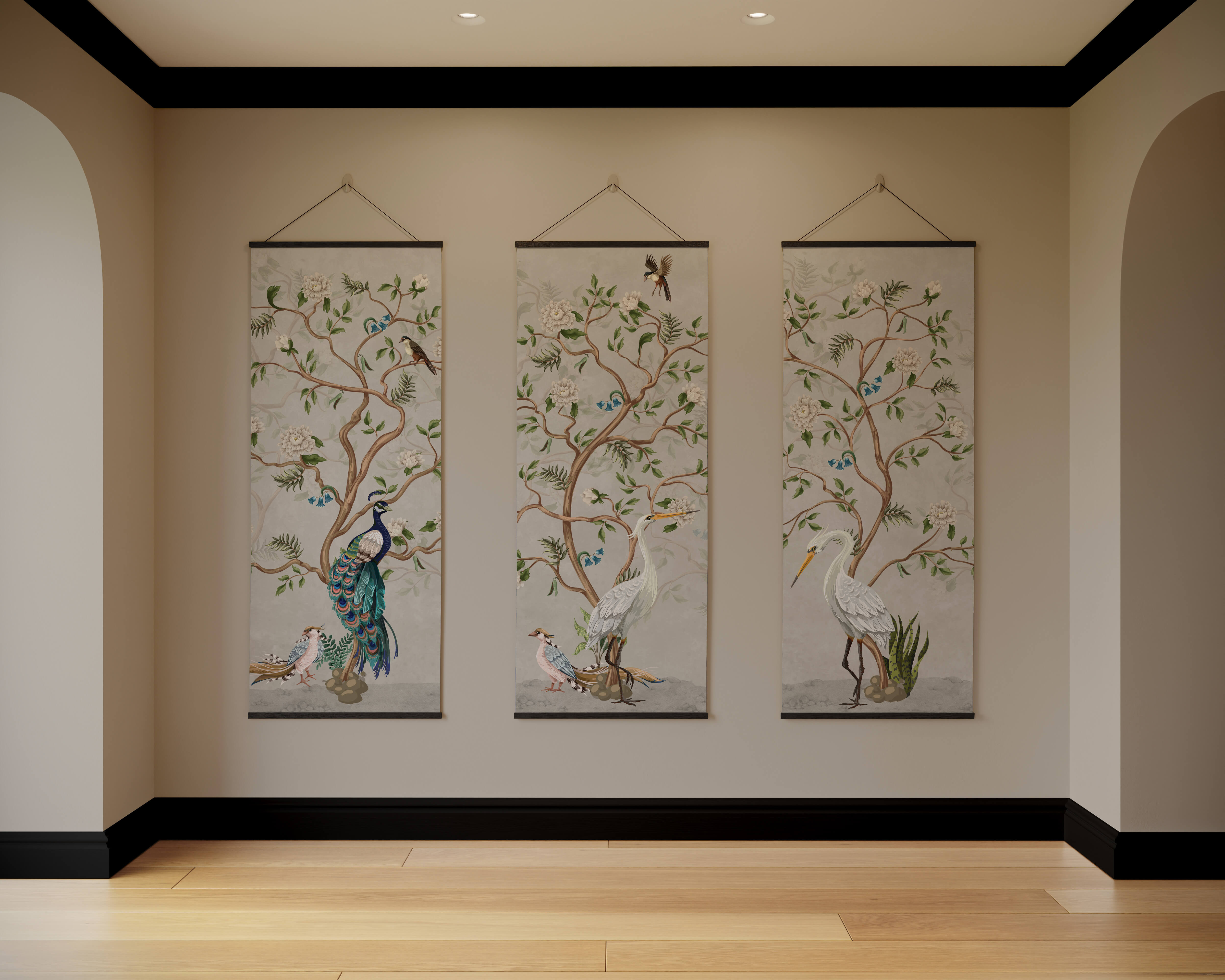 Three elegant chinoiserie bird tapestries with vibrant peacock and egret designs on a soft beige background