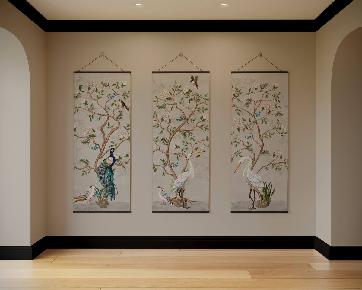 Three elegant chinoiserie bird tapestries with vibrant peacock and egret designs on a soft beige background
