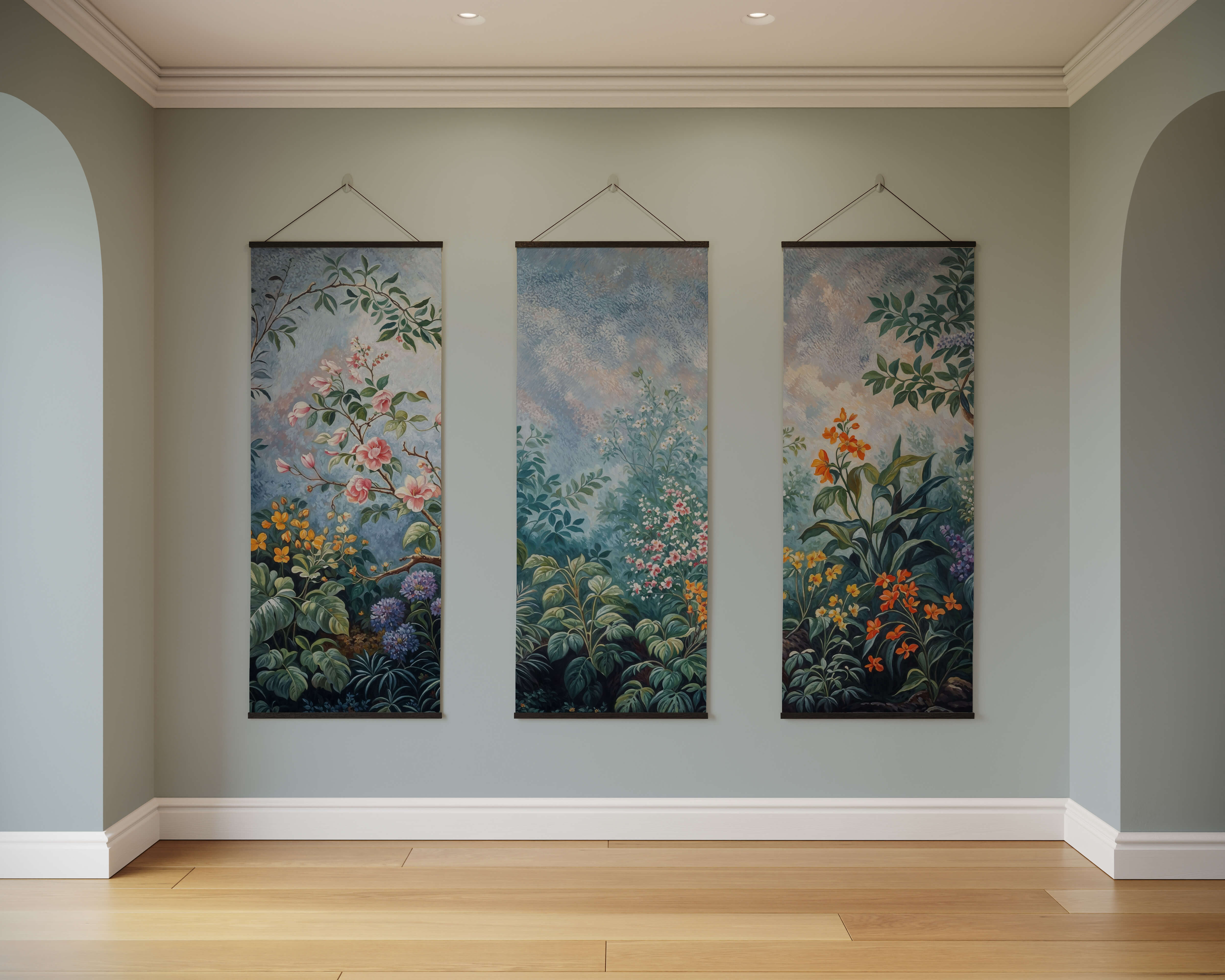 Three hanging chinoiserie floral garden tapestries with vibrant pink orange and green floral designs on blue gray fabric