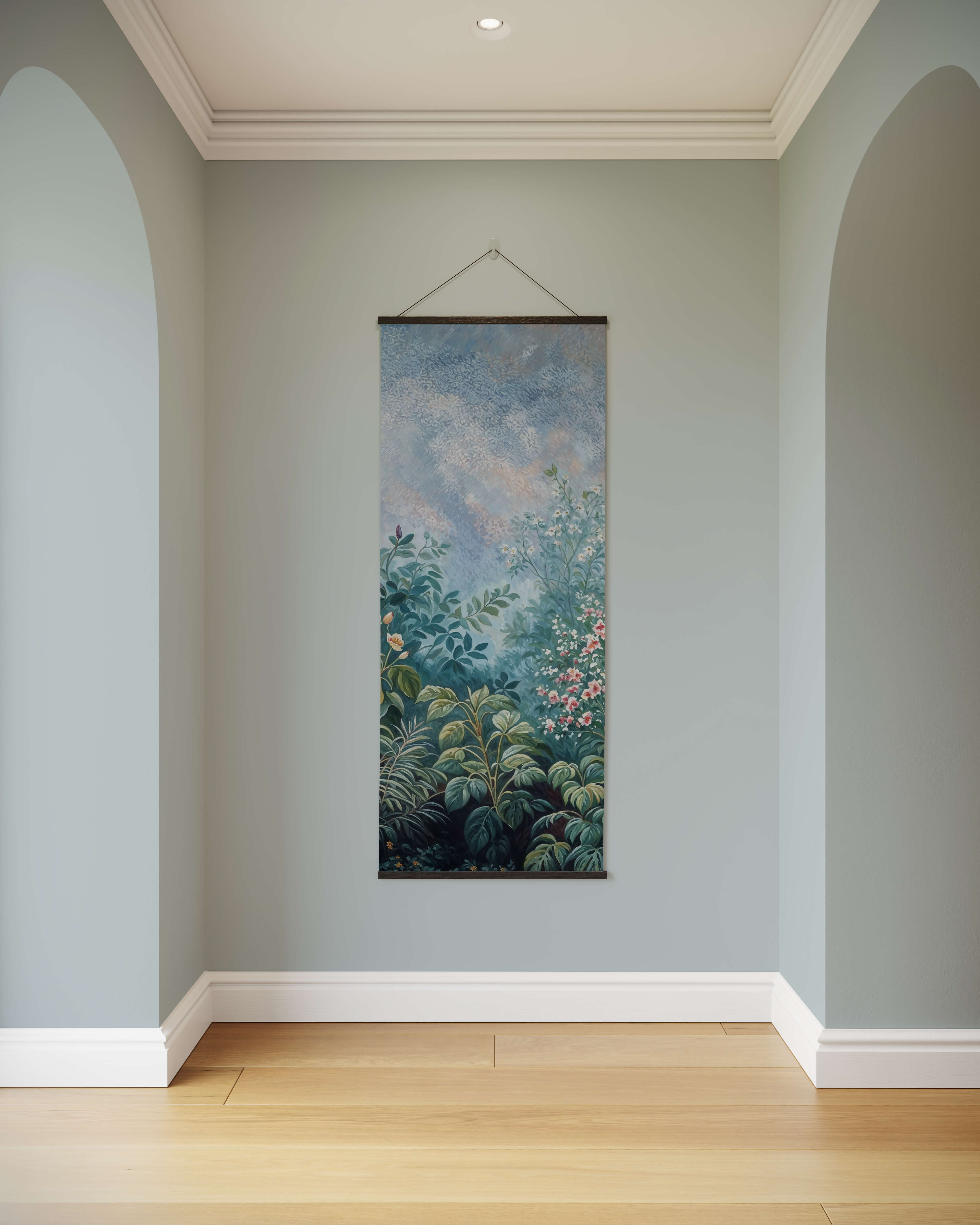 A chinoiserie floral garden tapestry with lush green foliage and pink blossoms in a dark wooden frame