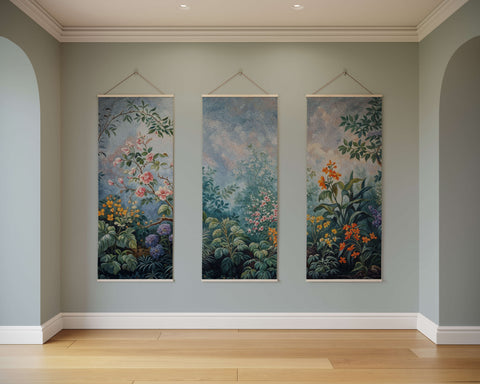Three hanging chinoiserie floral garden tapestries with intricate pastel floral designs and simple white borders