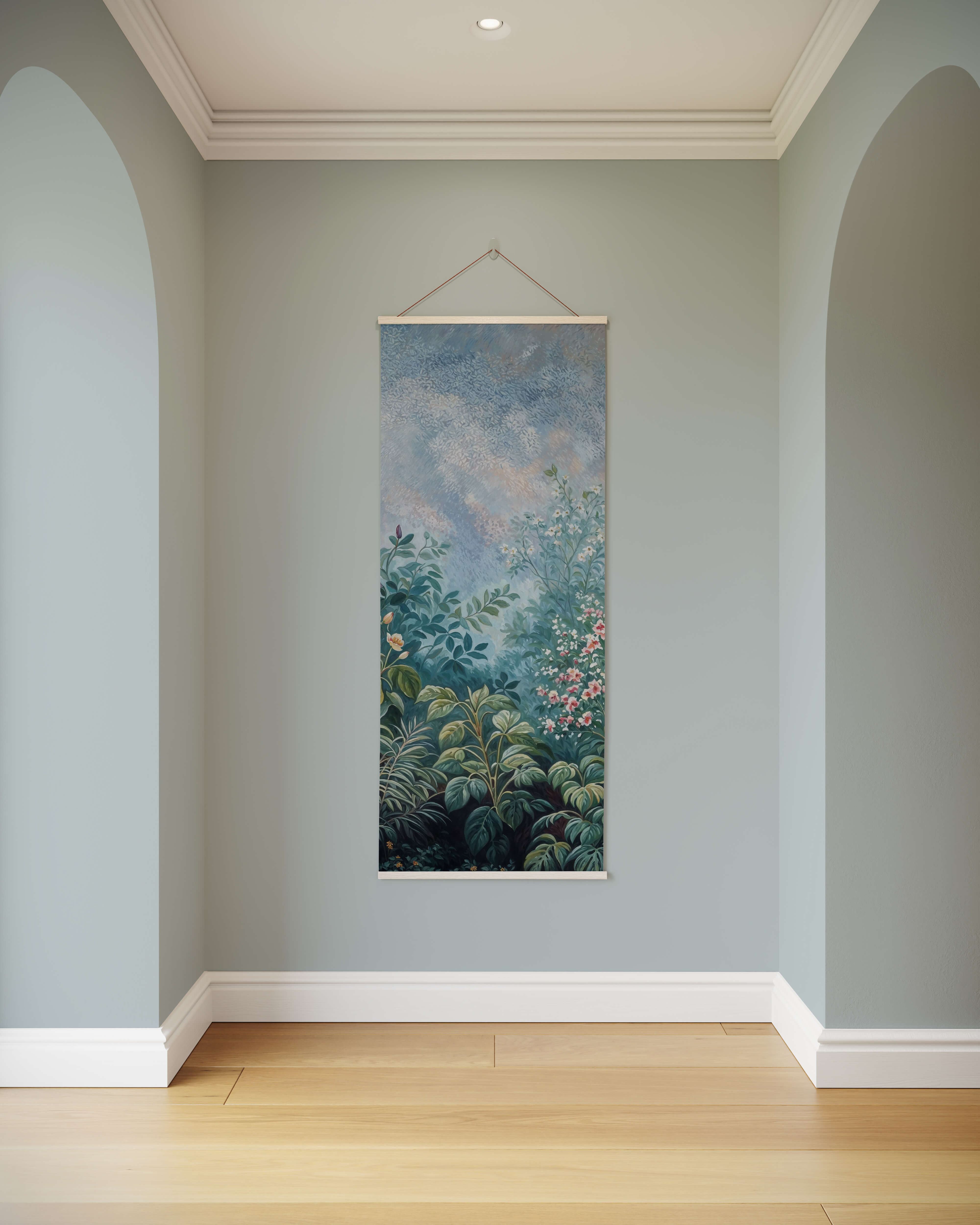 Chinoiserie floral garden tapestry with lush green foliage and pink blossoms framed by a simple white border
