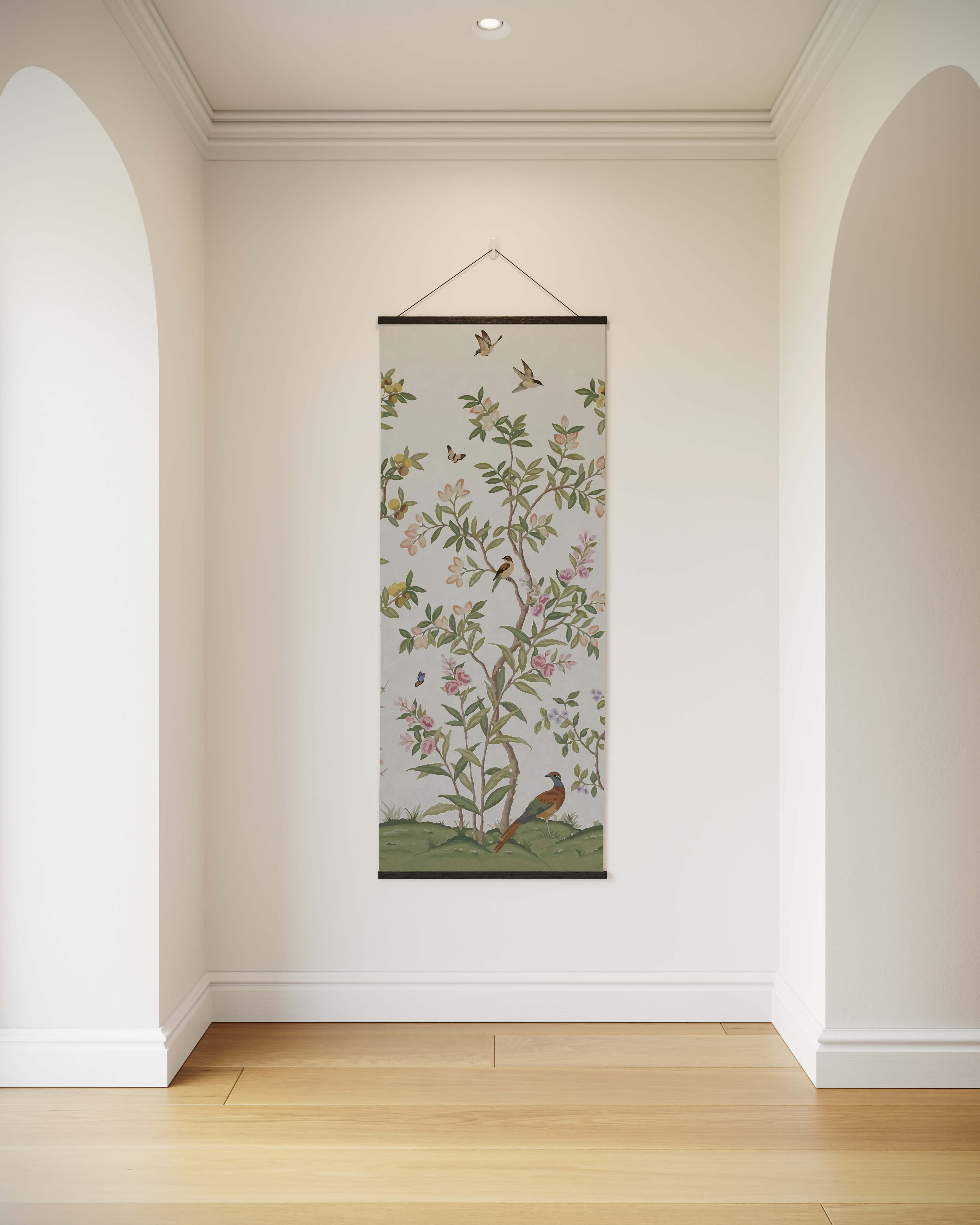 A delicate chinoiserie tree tapestry with pastel birds and blossoms on a light background for wall decor
