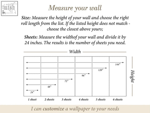 Wallpaper measurement chart showing height and width for choosing peel and stick traditional paper from contact clickwalls