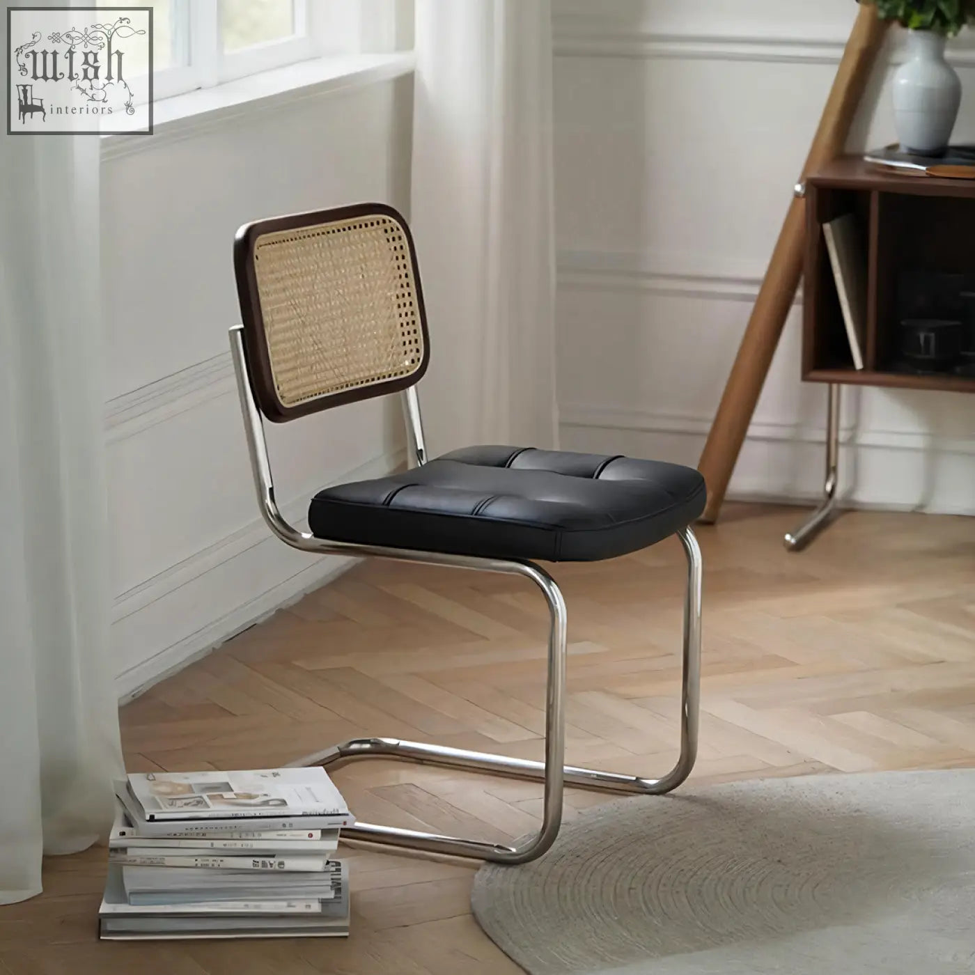 Black leather seat and backrest with woven cane frame and chrome legs on chloe rattan dining chair steel wood leather