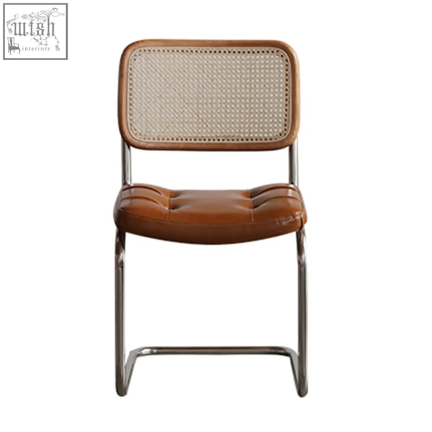 Brown leather tufted chloe rattan dining chair with woven cane backrest and chrome cantilever frame