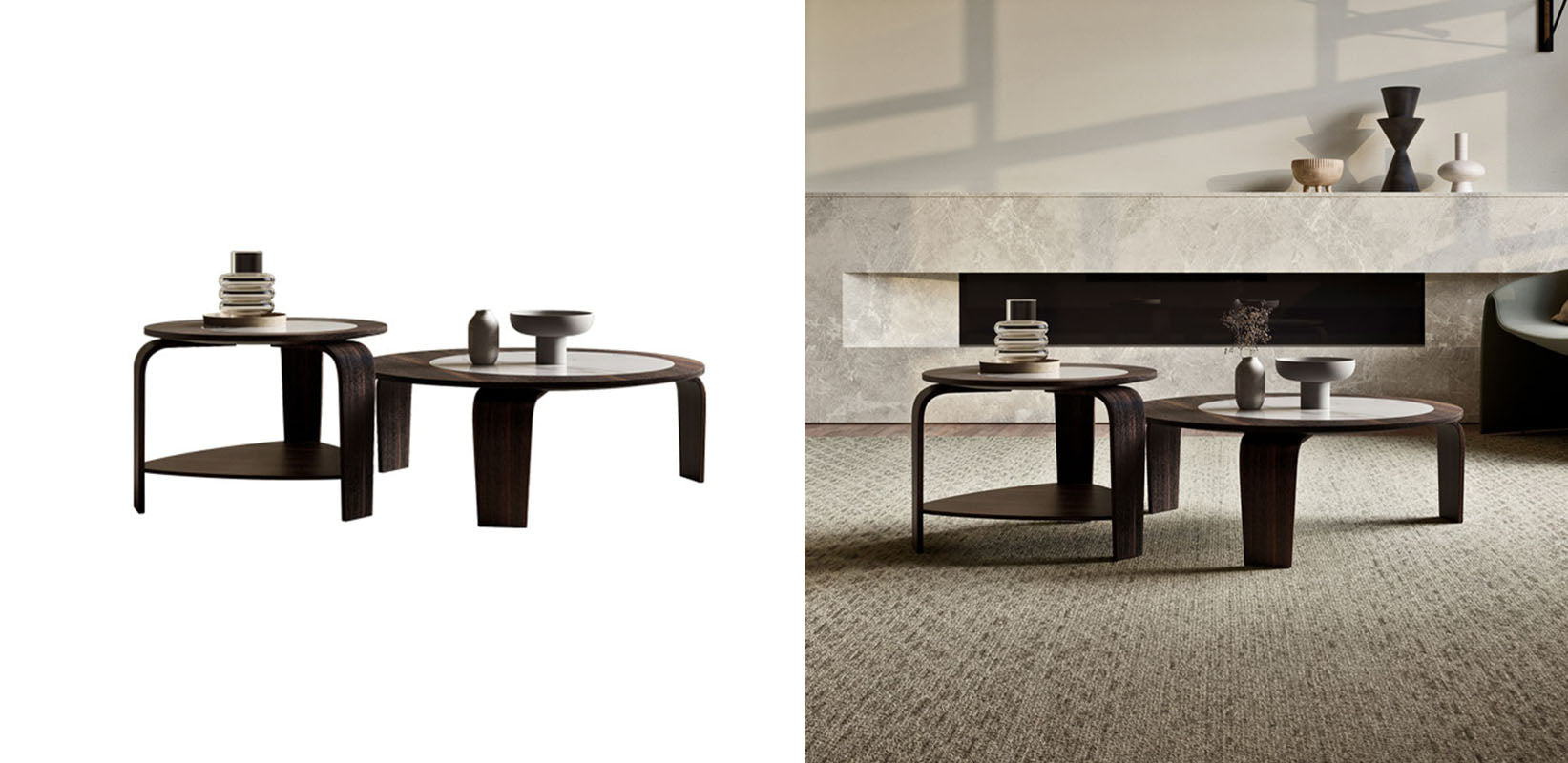 Chloe round nesting coffee tables in walnut with curved legs and lower shelves for stylish storage and display