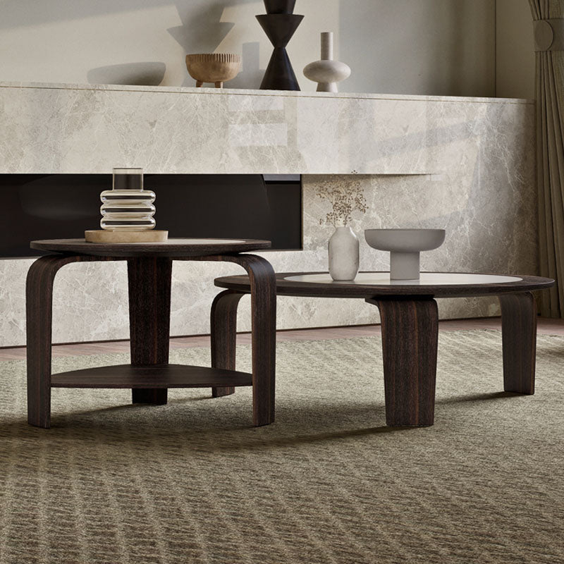 Dark wood chloe round nesting coffee tables with curved legs and lower shelves in walnut finish