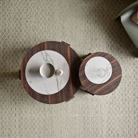 Chloe round nesting coffee table set with dark walnut wood frames and white marble tops with gray veining