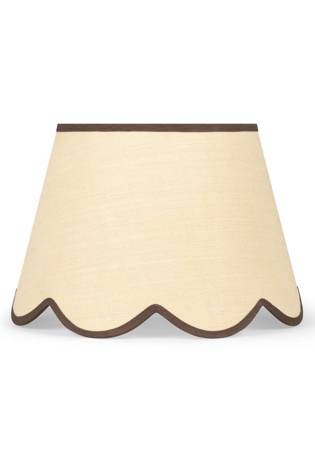 Beige linen lampshade with scalloped brown jute trim perfect for cozy warm lighting decor