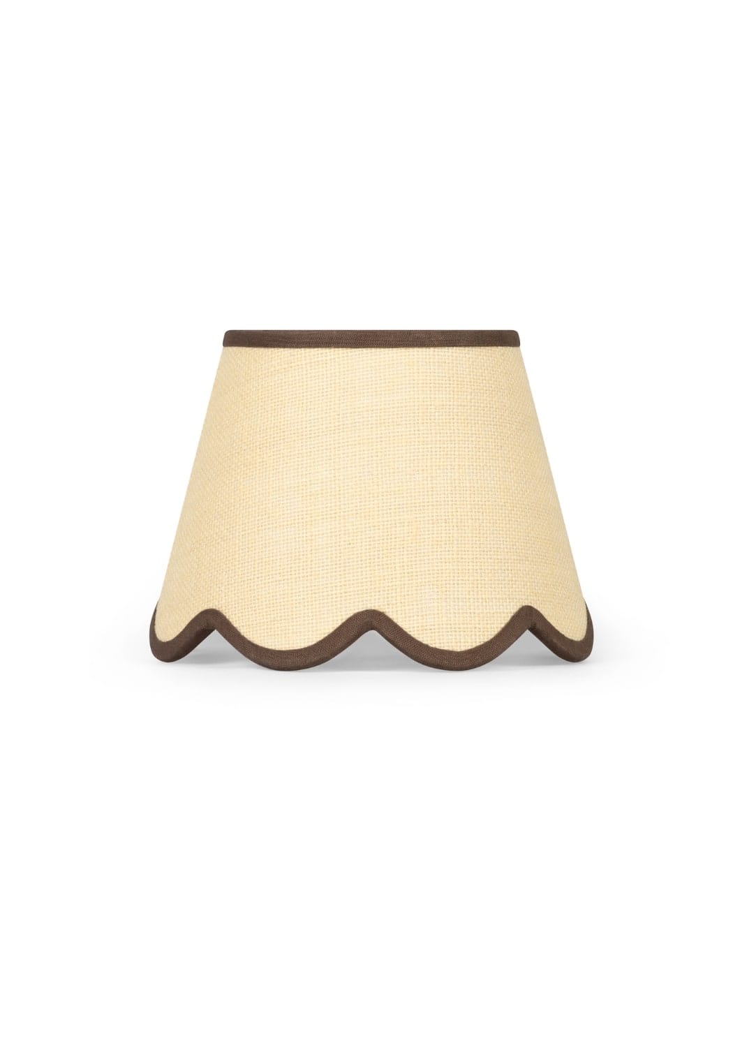 Beige woven lampshade with scalloped brown jute trim perfect for cozy lighting decor
