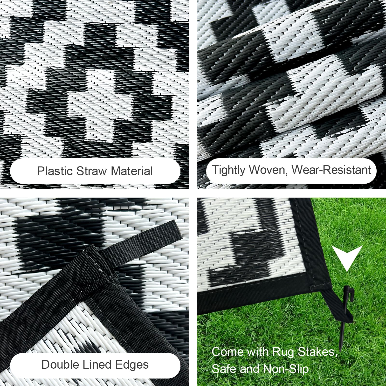 Black and white checkered outdoor rug made of woven plastic straw with double lined edges by choshome outdoor for garden use