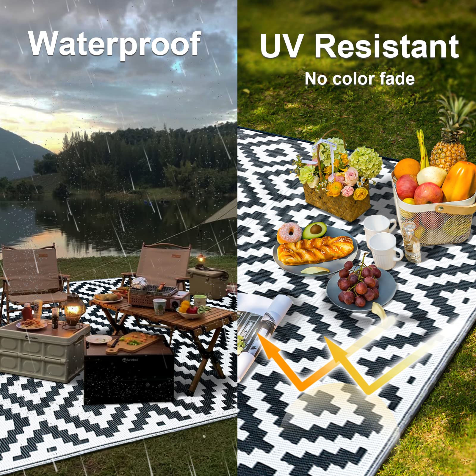 Black and white geometric-patterned choshome outdoor rug perfect for garden camping waterproof and easy to clean