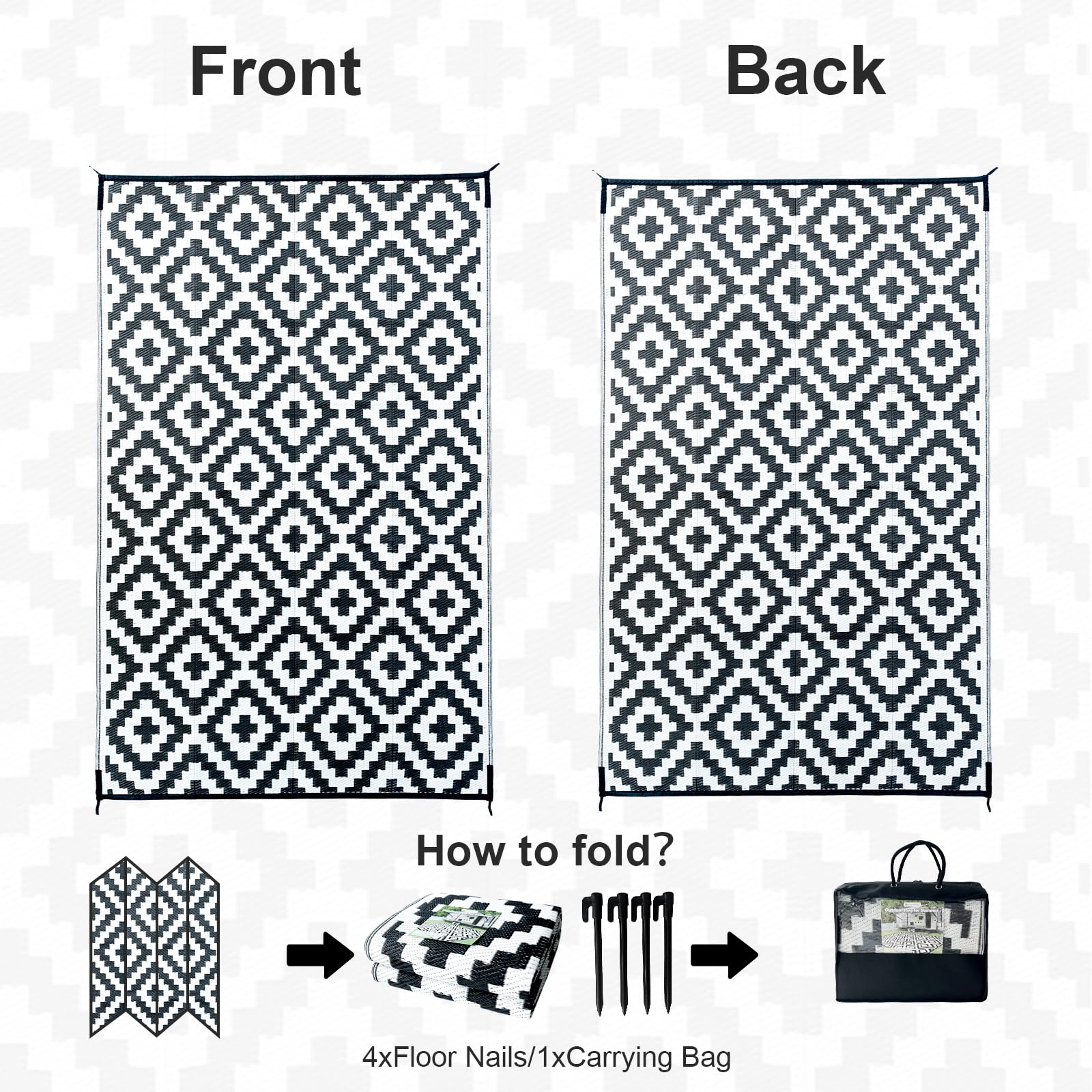 Black and white geometric patterned choshome outdoor rug with diamond design, foldable and waterproof for camping and garden use