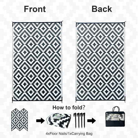 Black and white geometric patterned choshome outdoor rug with diamond design, foldable and waterproof for camping and garden use