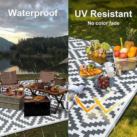 Black and white geometric patterned choshome outdoor waterproof rug perfect for picnics camping and beach fun