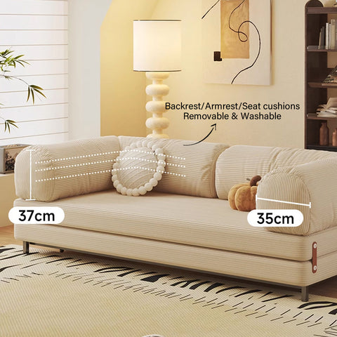 Beige corduroy choudhury two seater sofa bed with removable washable backrest armrest and seat cushions