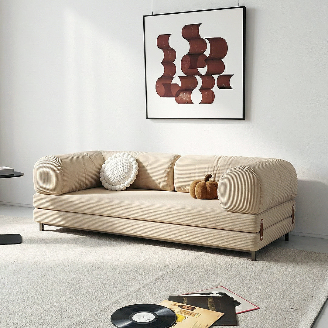 Beige corduroy choudhury two seater sofa bed with rounded armrests and washable backrest featuring ribbed texture