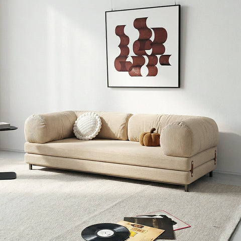 Beige corduroy choudhury two seater sofa bed with rounded armrests and washable backrest featuring ribbed texture