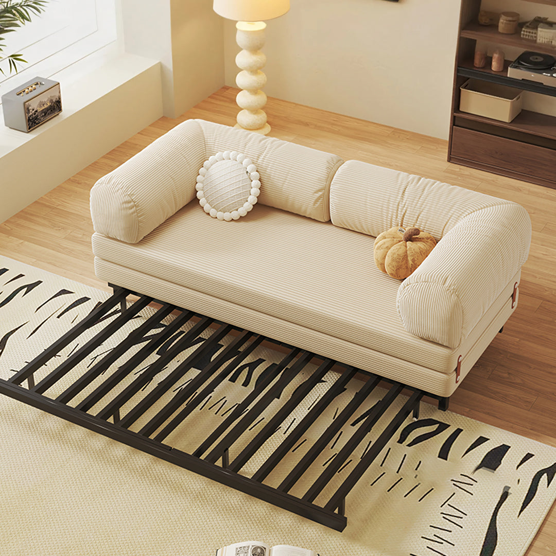 Beige corduroy choudhury two seater sofa bed with rolled arms and hidden bed frame, backrest washable design