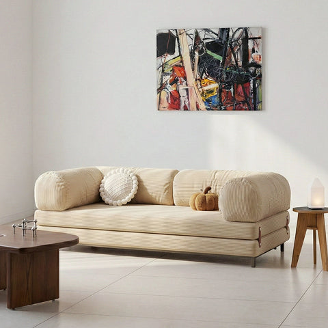 Beige corduroy choudhury two seater sofa bed with rounded armrests and washable backrest in ribbed fabric