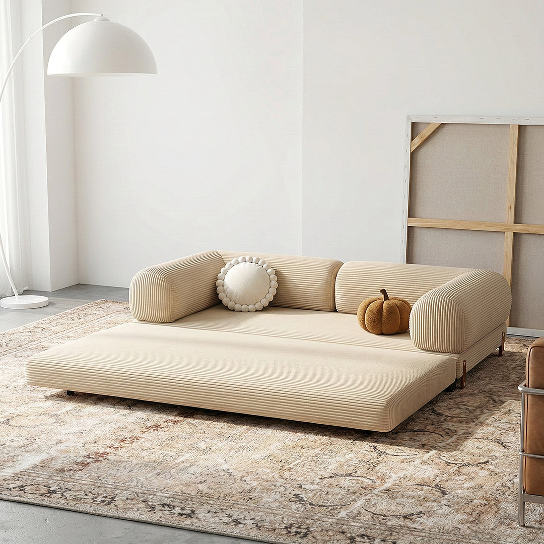 Beige corduroy choudhury two seater sofa bed with rolled armrests and matching washable mattress
