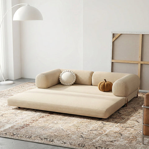 Beige corduroy choudhury two seater sofa bed with rolled armrests and matching washable mattress