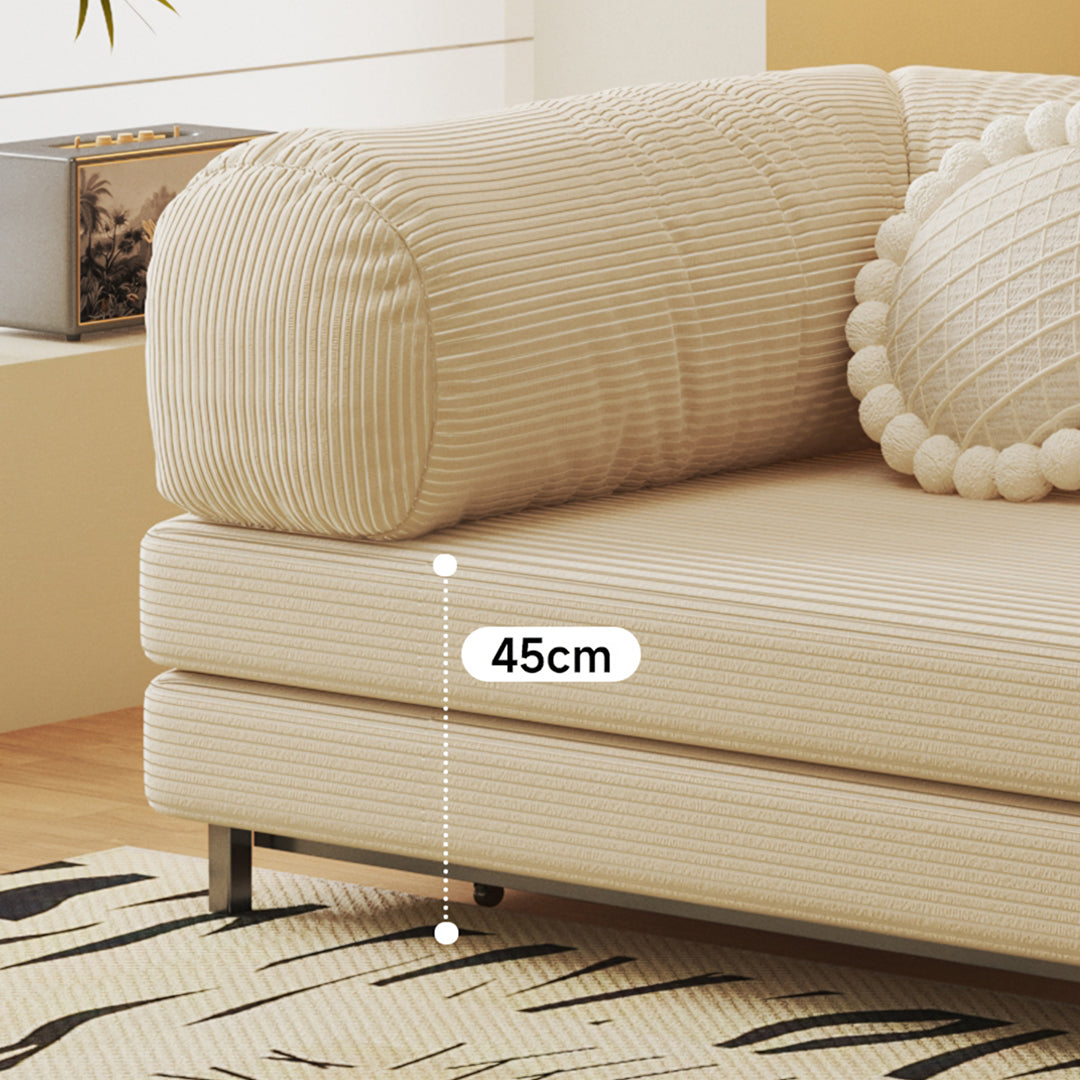 Beige corduroy choudhury two seater sofa bed with ribbed texture and rounded armrests and washable backrest